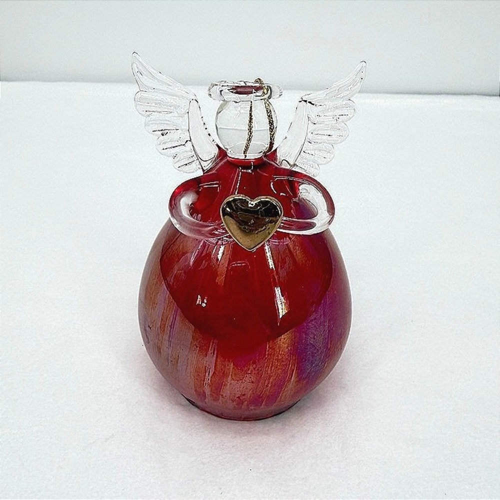 Glass Angel Ornament Tea Light Cover Red Iridescent Gold Heart Wings Halo